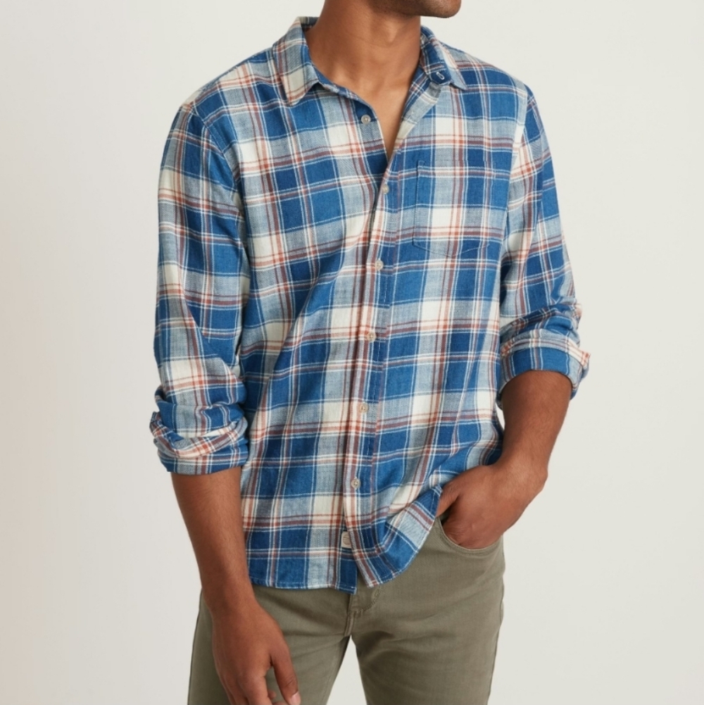 Marine Layer Classic Fit Selvage Cotton Men's Blue Plaid Shirt M/L